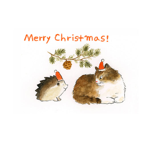 Christmas greeting card - A cat and a hedgehog