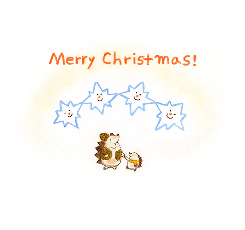 Christmas greeting card - Two Hedgehogs and the snowflakes