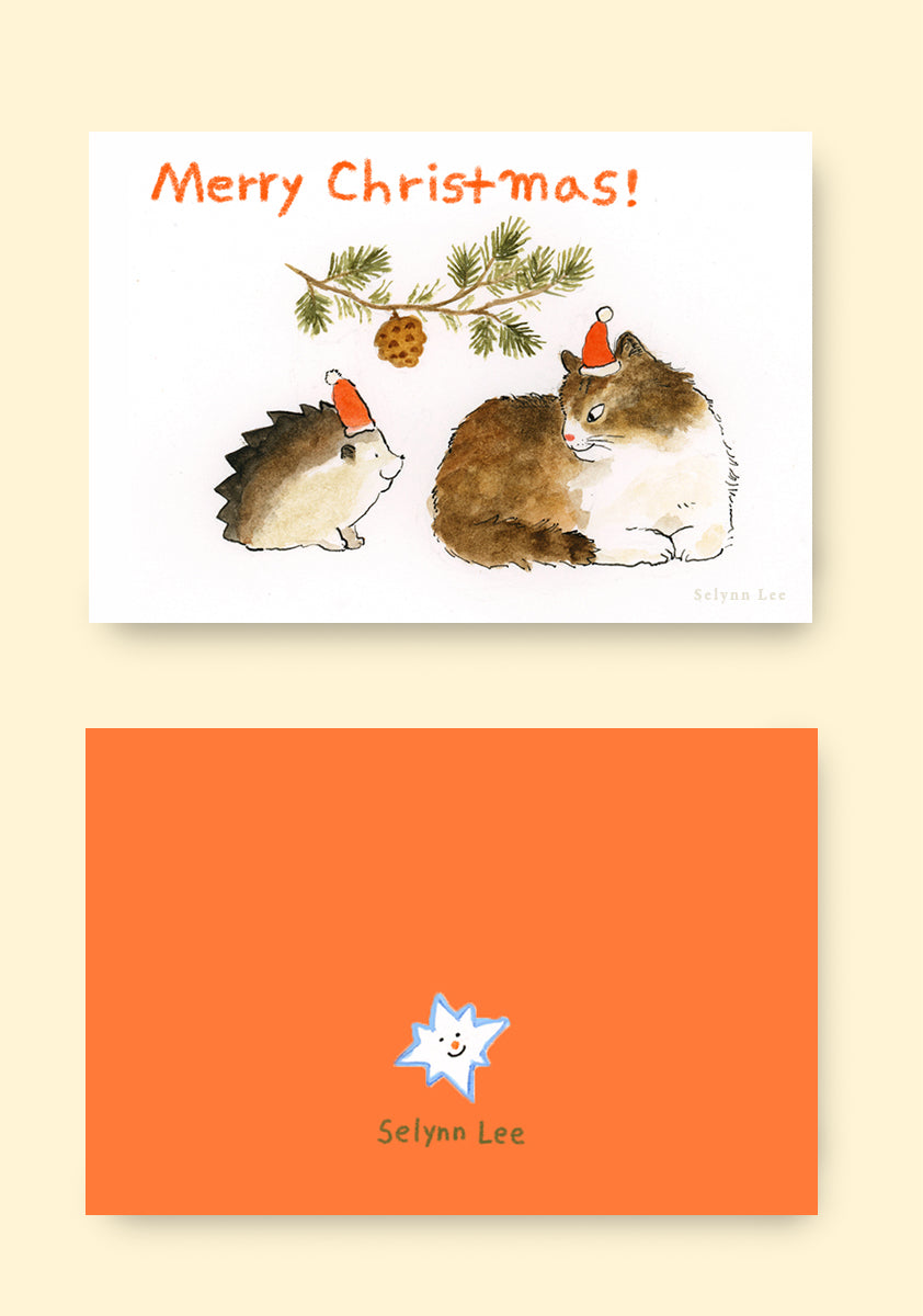 Christmas greeting card - A cat and a hedgehog