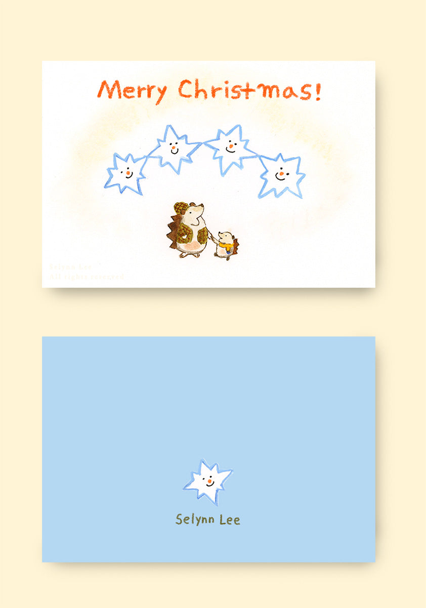 Christmas greeting card - Two Hedgehogs and the snowflakes